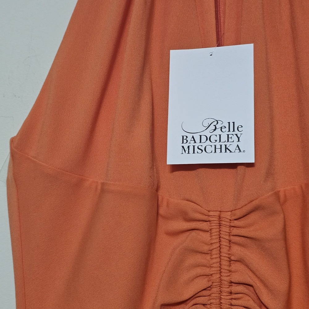Badgley Mischka Dress Size 0 Fit X Orange Halter Ruched Sleeveless Long Maxi 350 - Picture 9 of 16